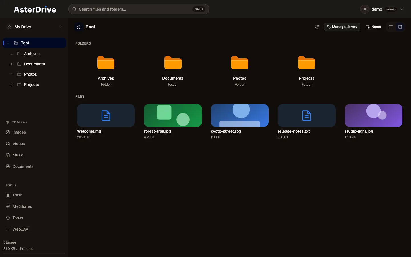 AsterDrive web panel screenshot